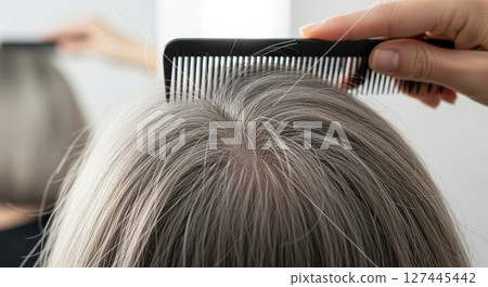 Gray Hair Combing Closeup Gray Haired Person with Black Styling Comb 127445442