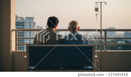 Two Generations Sharing Moment at Hospital Balcony with IV Drip Senior and Young Man Looking at City Skyline 127445458