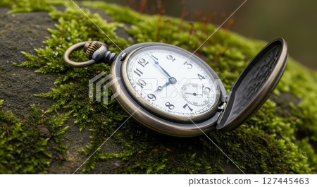 Vintage Pocket Watch on Moss Covered Stone Capturing Timeless Elegance and Nature 127445463