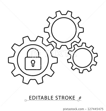 Secured mechanism icon in minimal line style with editable stroke. Combination of gears and padlock symbolizing protection, system settings, secure process, encryption, configuration Secured mechanism icon in minimal line style with editable stroke. Combination of gears and padlock symbolizing protection, system settings, secure process, encryption, configuration 127445475
