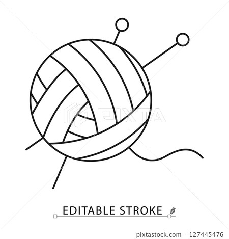 Yarn ball with knitting needles icon in minimal line style with editable stroke. Symbol of handmade craft, wool hobby, knitting visuals, cozy home creativity, textile projects and DIY illustrations. Yarn ball with knitting needles icon in minimal line style with editable stroke. Symbol of handmade craft, wool hobby, knitting visuals, cozy home creativity, textile projects and DIY illustrations. 127445476