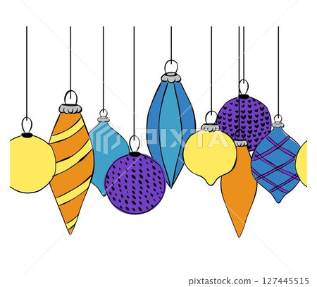 Christmas balls toys Seamless horizontal border. Vector graphic line ink illustration. Silhouette sign for logo, print, comics, fashion, pop art, boards, design, stickers, decoration, posters Christmas balls toys Seamless horizontal border. Vector graphic line ink illustration. Silhouette sign for logo, print, comics, fashion, pop art, boards, design, stickers, decoration, posters 127445515