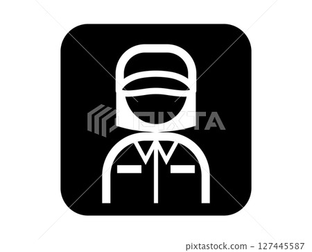 一個簡單的方形單色輪廓插圖圖標，顯示一位穿著工作服的工程師 127445587