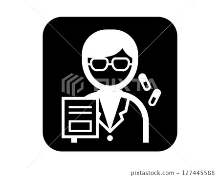 一位身穿白大褂的藥劑師的簡單方形單色輪廓插圖圖標 127445588