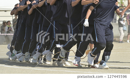 People participating in a centipede race at a sports festival People participating in a centipede race at a sports festival 127445596