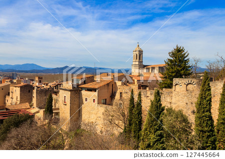 Panoramic view of Girona viewed from the medieval city walls, Catalonia, Spain Panoramic view of Girona viewed from the medieval city walls, Catalonia, Spain 127445664