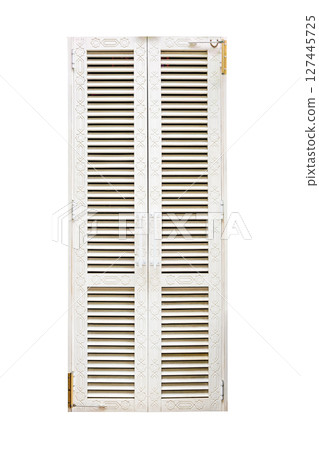 wooden white double-leaf door, isolated on white background with clipping path  127445725