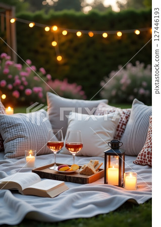 Cozy Garden Picnic at Dusk with Elegant Details 127446193