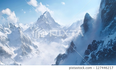 Majestic snow-capped mountain peaks rising above clouds in winter wonderland 127446217