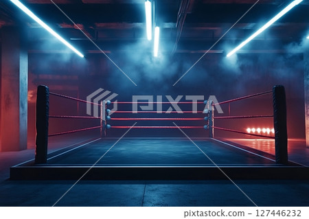 Boxing ring standing in dramatic empty room with neon lights Boxing ring standing in dramatic empty room with neon lights 127446232