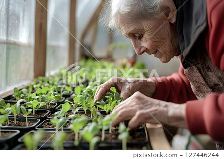 Senior woman taking care of seedlings in greenhouse 127446244