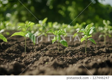 Young plants growing in fertile soil on sunny day Young plants growing in fertile soil on sunny day 127446247