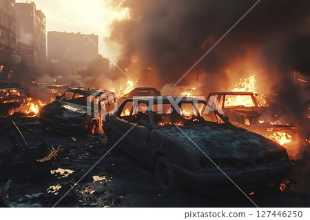 Burning cars destroyed during war in city center 127446250