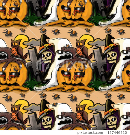 Seamless pattern of Halloween theme with retro cartoon style, cute Halloween pattern. Seamless pattern of Halloween theme with retro cartoon style, cute Halloween pattern. 127446310
