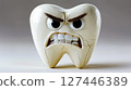 A close up of a tooth with an angry expression on it's face 127446389