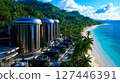 A view of a beach with palm trees and a building on the beach 127446391