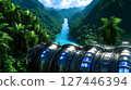 A view of a futuristic city in the middle of a lush green jungle 127446394