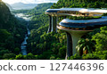 A futuristic building in the middle of a lush green forest 127446396