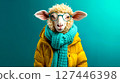 A sheep wearing glasses and a scarf on a blue background 127446398