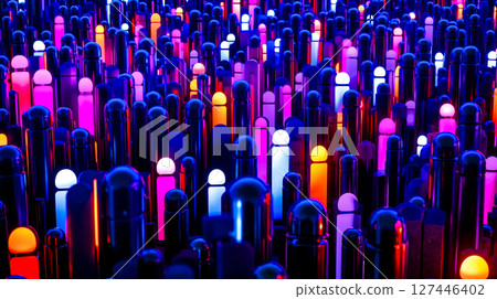 A large group of colorful lights in a dark room 127446402