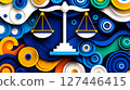 A scale of justice on top of a blue and orange background 127446415