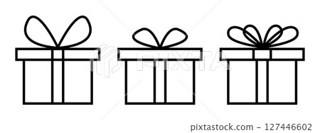 Set of gift box icons. Collection of present packages shapes with ribbon bows isolated on white background. Surprise, prize or bonus concept. Editable stroke. Vector outline illustration Set of gift box icons. Collection of present packages shapes with ribbon bows isolated on white background. Surprise, prize or bonus concept. Editable stroke. Vector outline illustration 127446602
