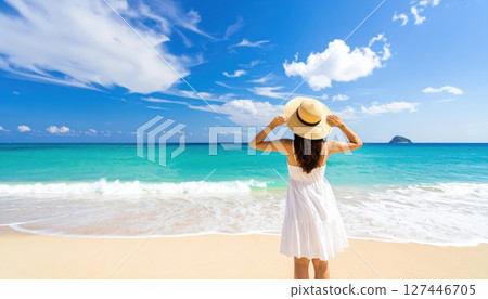 AI image: A young woman enjoying the beach in midsummer AI image: A young woman enjoying the beach in midsummer 127446705