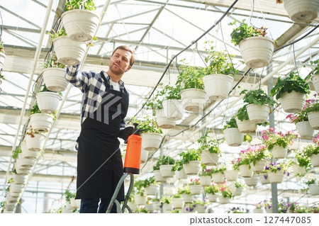 Florist man working in garden center. Successful employee is in a bright greenhouse Florist man working in garden center. Successful employee is in a bright greenhouse 127447085