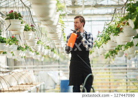 Process of watering. Florist man working in garden center. Successful employee is in a bright greenhouse Process of watering. Florist man working in garden center. Successful employee is in a bright greenhouse 127447090