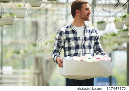 With paper box with stuff. Florist man working in garden center. Successful employee is in a bright greenhouse With paper box with stuff. Florist man working in garden center. Successful employee is in a bright greenhouse 127447172