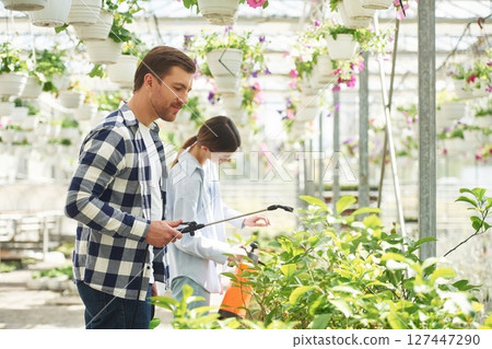 Holding watering cans. Florist man and woman are working together in bright greenhouse 127447290