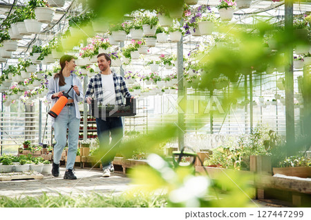 Orange colored watering device and box with plants. Florist man and woman are working together in bright greenhouse Orange colored watering device and box with plants. Florist man and woman are working together in bright greenhouse 127447299