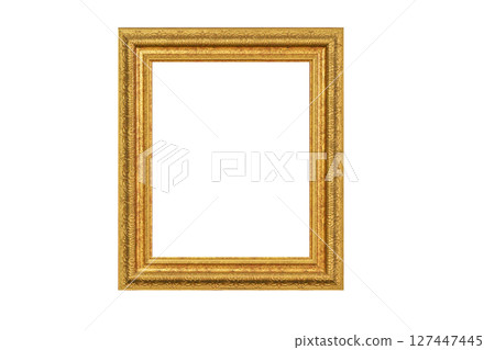 Gold frame for a picture in a classic baroque style on a white blank background.  127447445