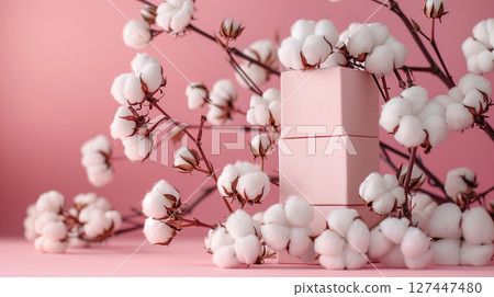 Pink boxes and raw cotton bolls on a branch in the pink backdrop 127447480