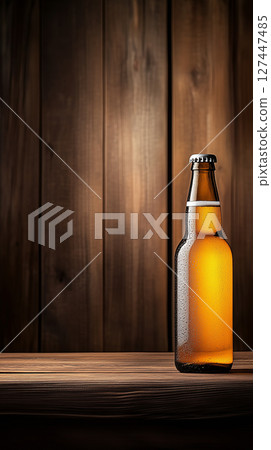 Chilled beer bottle on rustic wooden table for beverage branding or advertising design 127447485
