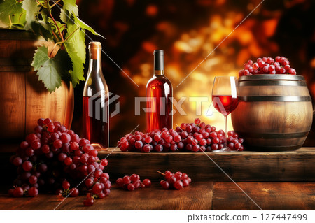Rustic scene featuring wine bottles, grapes, and a barrel on a wooden table, with a warm background highlighting the concept of wine making 127447499