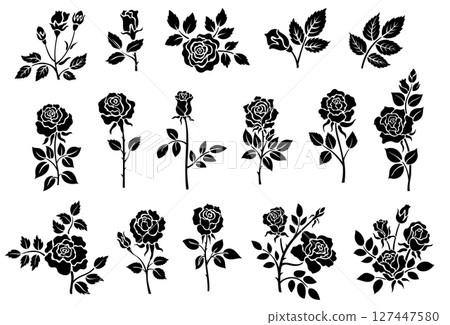 Black rose silhouette. Floral tattoo elements, abstract roses flower blossom icons, botany rose plant leaf bud stem icons for tattoo design. Vector isolated set Black rose silhouette. Floral tattoo elements, abstract roses flower blossom icons, botany rose plant leaf bud stem icons for tattoo design. Vector isolated set 127447580