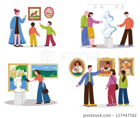 People at exhibition. Visitors and artists at gallery with art showcase, creative painting installation, museum or art gallery interior. Vector illustration 127447582