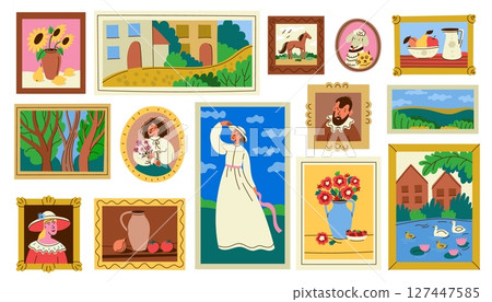 Framed painting. Gallery art pictures portraits still life landscape, artistic portrait of people in vintage frames, exhibition on gallery wall, fine art collection. Vector set 127447585