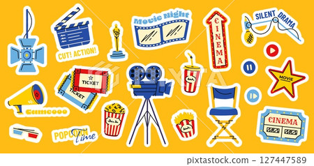 Movie stickers. Cartoon cinema elements with film tape popcorn camera cinema chair clapperboard, cinematography stickers for your design. Vector isolated set 127447589