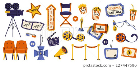 Cinema elements. Movie festival banner with film reel clapper board projector, cartoon cinematography equipment, movie TV cinema icons. Vector set Cinema elements. Movie festival banner with film reel clapper board projector, cartoon cinematography equipment, movie TV cinema icons. Vector set 127447590