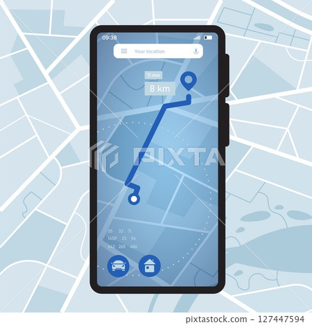 Phone navigator map. Smartphone GPS application with city map, location tracking and route navigation UI. Vector mobile device with mapping software Phone navigator map. Smartphone GPS application with city map, location tracking and route navigation UI. Vector mobile device with mapping software 127447594