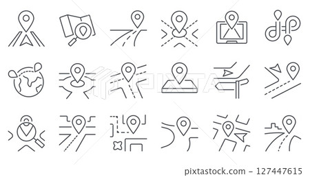 Route line icon. Path with location pointers, routes and directions navigation map with GPS markers, travel journey and trip street way. Vector route isolated set Route line icon. Path with location pointers, routes and directions navigation map with GPS markers, travel journey and trip street way. Vector route isolated set 127447615