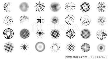 Half tone circle shapes. Dotted round geometric elements, abstract brush dots pop art textures, retro vintage comic splash and dot spray symbols. Vector isolated set Half tone circle shapes. Dotted round geometric elements, abstract brush dots pop art textures, retro vintage comic splash and dot spray symbols. Vector isolated set 127447622