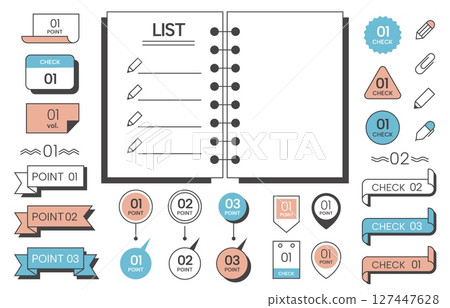 Bullet list journal. Simple note paper with check marks, underline and list number elements. Vector sticky note with memo points set Bullet list journal. Simple note paper with check marks, underline and list number elements. Vector sticky note with memo points set 127447628