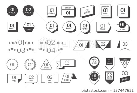 Simple list element. Title frame doodle geometric figures with numbers forms and shapes, check marks and memo banners. Vector number bullet point isolated set 127447631