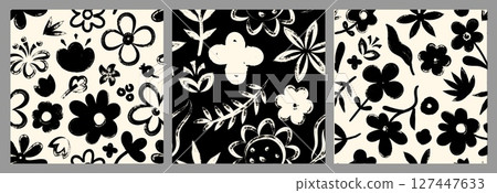 Floral brush pattern. Abstract flower seamless print with leaves, spring blossom botanical background for fabric textile design. Vector flowers texture set 127447633