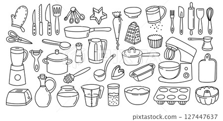 Doodle kitchen utensils. Line cooking tools, hand drawn prepare food equipment, cutlery spoon knife cup pot, cartoon restaurant kitchen elements. Vector cooking set Doodle kitchen utensils. Line cooking tools, hand drawn prepare food equipment, cutlery spoon knife cup pot, cartoon restaurant kitchen elements. Vector cooking set 127447637