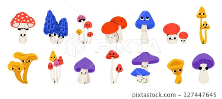 Mushrooms character. Cute kawaii forest fungi with funny faces, cartoon autumn edible and poisoning mushroom plant characters with emotions. Vector isolated shrooms fungus set Mushrooms character. Cute kawaii forest fungi with funny faces, cartoon autumn edible and poisoning mushroom plant characters with emotions. Vector isolated shrooms fungus set 127447645
