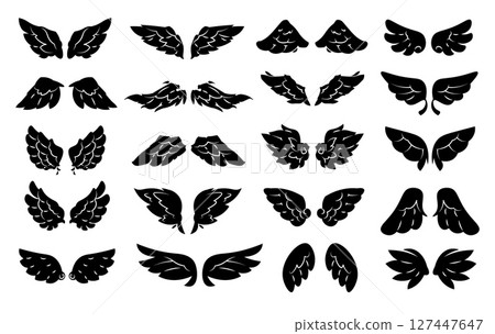 Wings black icon. Angel wing silhouette, abstract bird winged logo, simple decorative heather hawk angels phoenix wing symbols. Vector isolated emblem set Wings black icon. Angel wing silhouette, abstract bird winged logo, simple decorative heather hawk angels phoenix wing symbols. Vector isolated emblem set 127447647